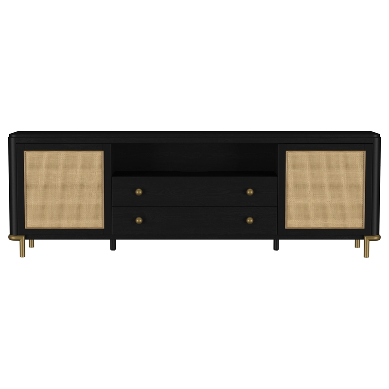 Pemberly Row Rattan Cane 2-Door TV Stand Media Console in Black