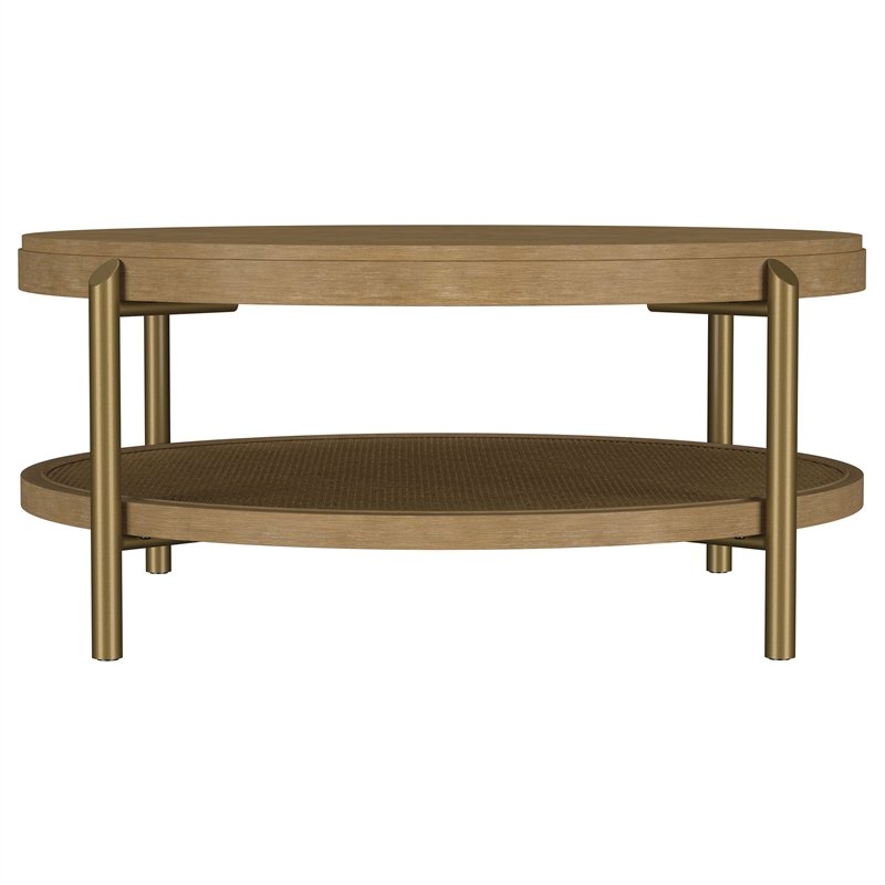 Pemberly Row Round Wood Coffee Table with Storage Shelf in Sand Wash