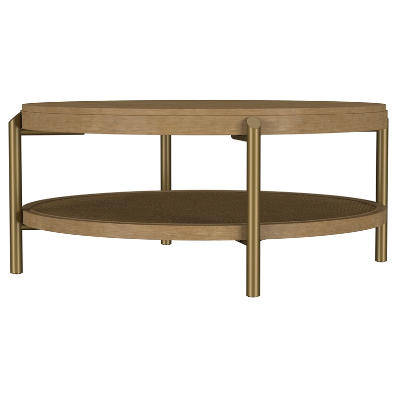 Pemberly Row Round Wood Coffee Table with Storage Shelf in Sand Wash