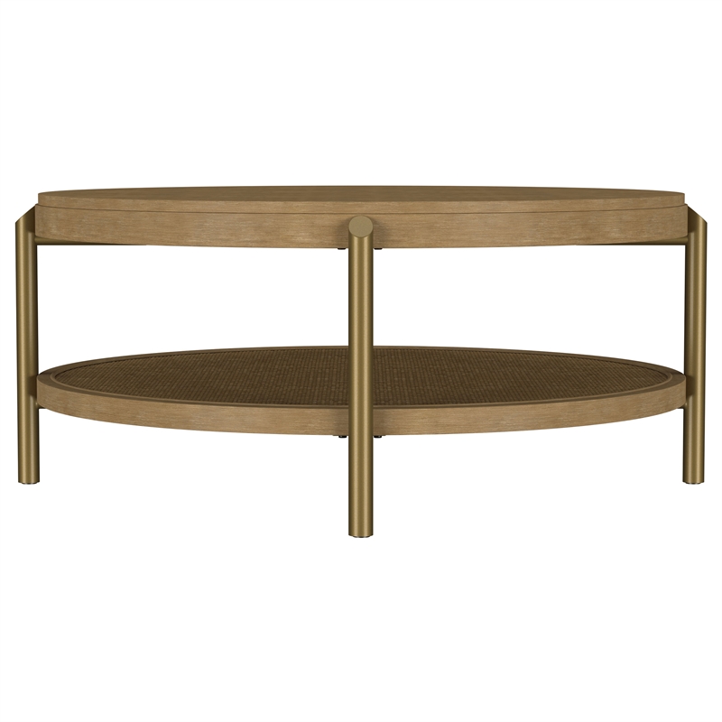 Pemberly Row Round Wood Coffee Table with Storage Shelf in Sand Wash