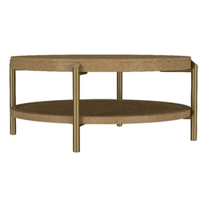 Pemberly Row Round Wood Coffee Table with Storage Shelf in Sand Wash