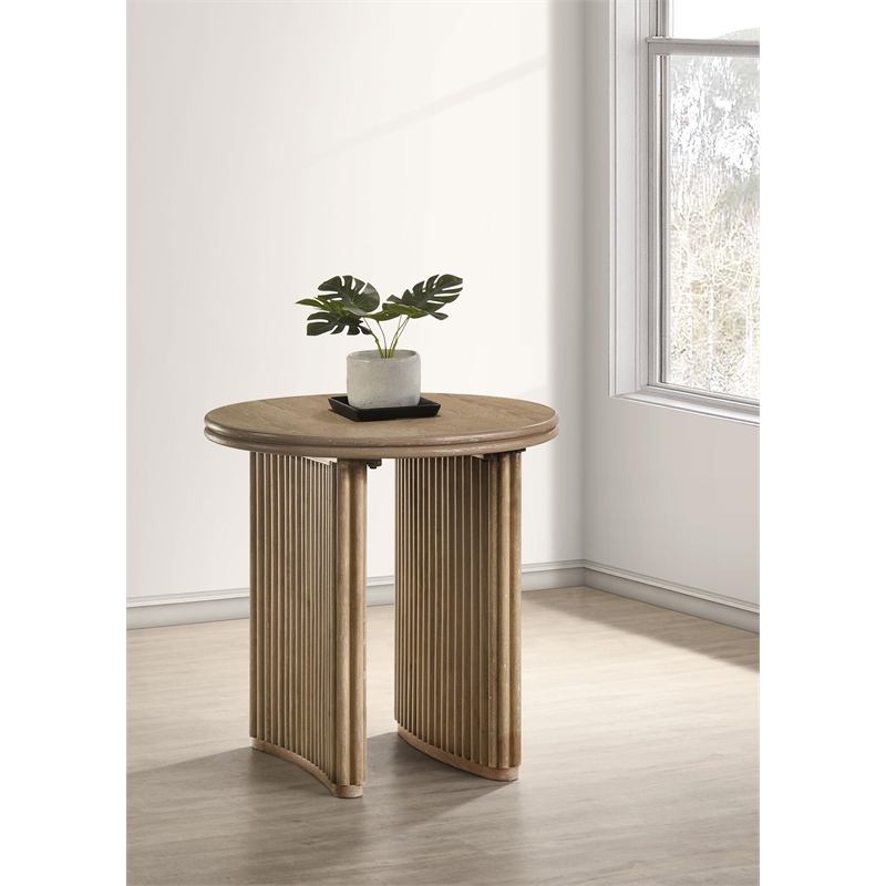 Pemberly Row Round Wood Side End Table in Distressed Light Brown