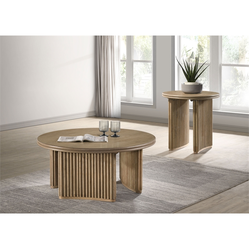 Pemberly Row 2-piece Round Wood Coffee Table Set in Distressed Light Brown