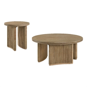 Pemberly Row 2-piece Round Wood Coffee Table Set in Distressed Light Brown