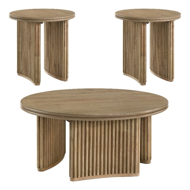 Pemberly Row 3-piece Round Wood Coffee Table Set in Distressed Light Brown