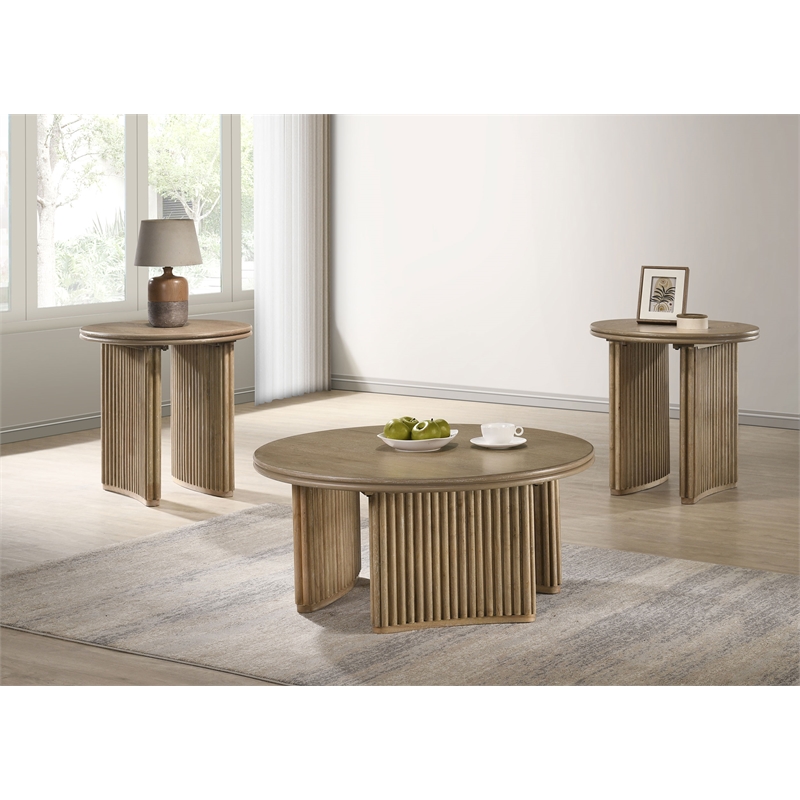 Pemberly Row 3-piece Round Wood Coffee Table Set in Distressed Light Brown