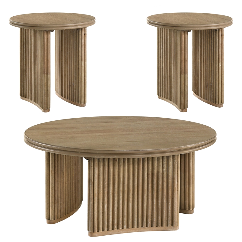 Pemberly Row 3-piece Round Wood Coffee Table Set in Distressed Light Brown