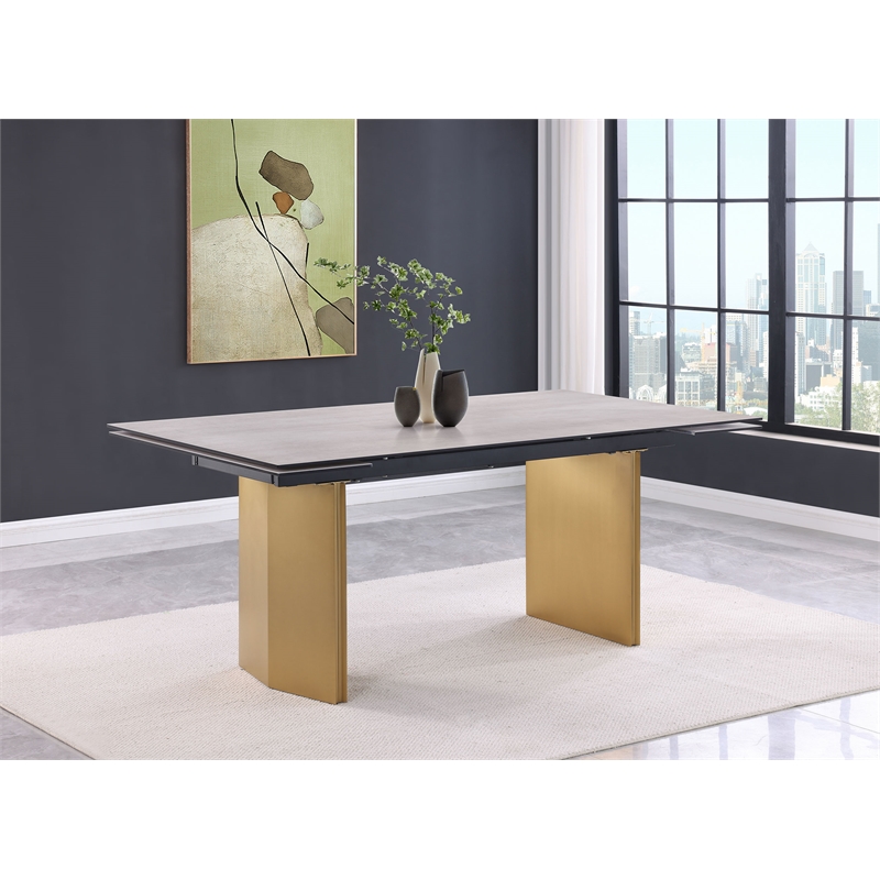 Pemberly Row 97-inch Glass Top Extension Dining Table in Beige