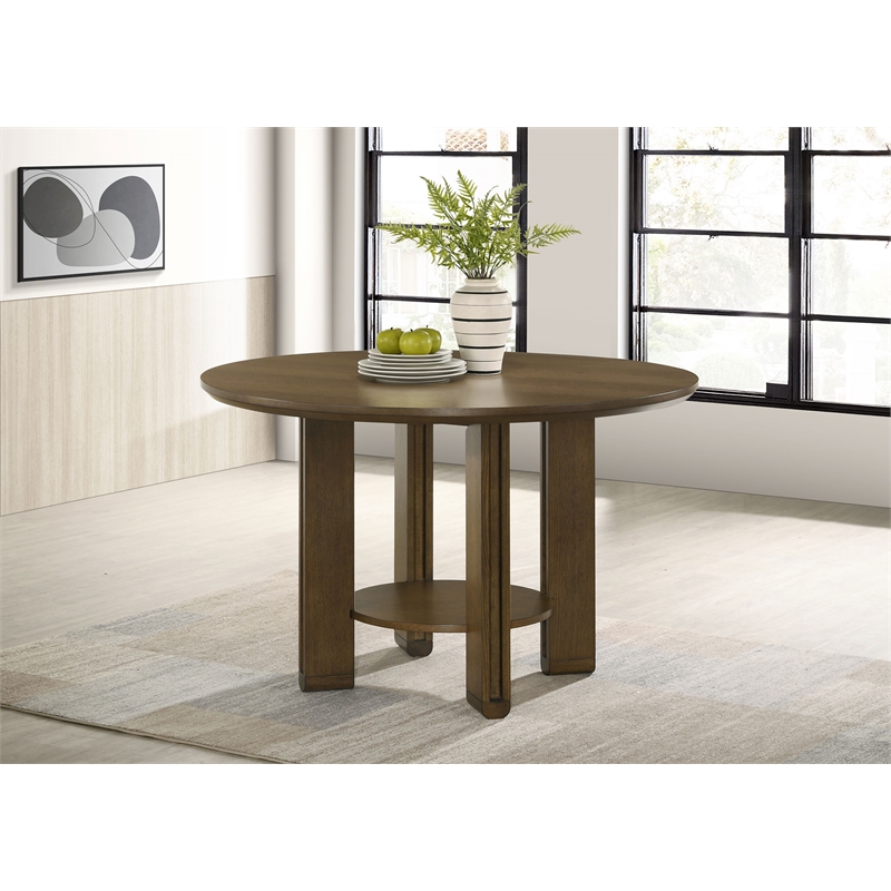 Pemberly Row 47-inch Round Wood Dining Table with Shelf in Brown
