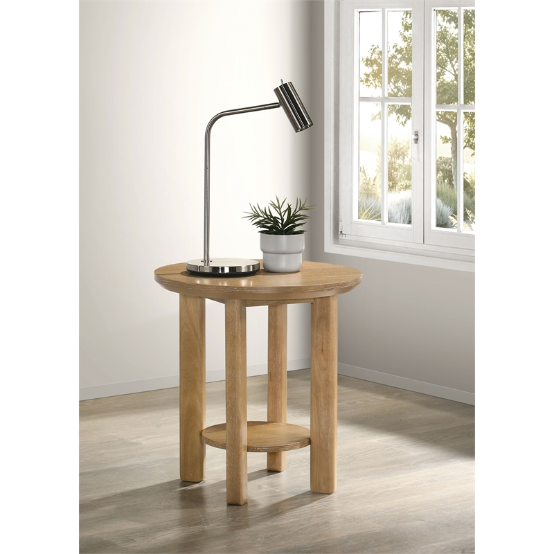 Pemberly Row Round Wood End Table with Lower Shelf in Washed Oak