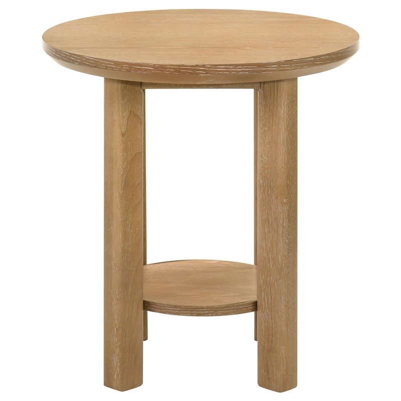 Pemberly Row Round Wood End Table with Lower Shelf in Washed Oak