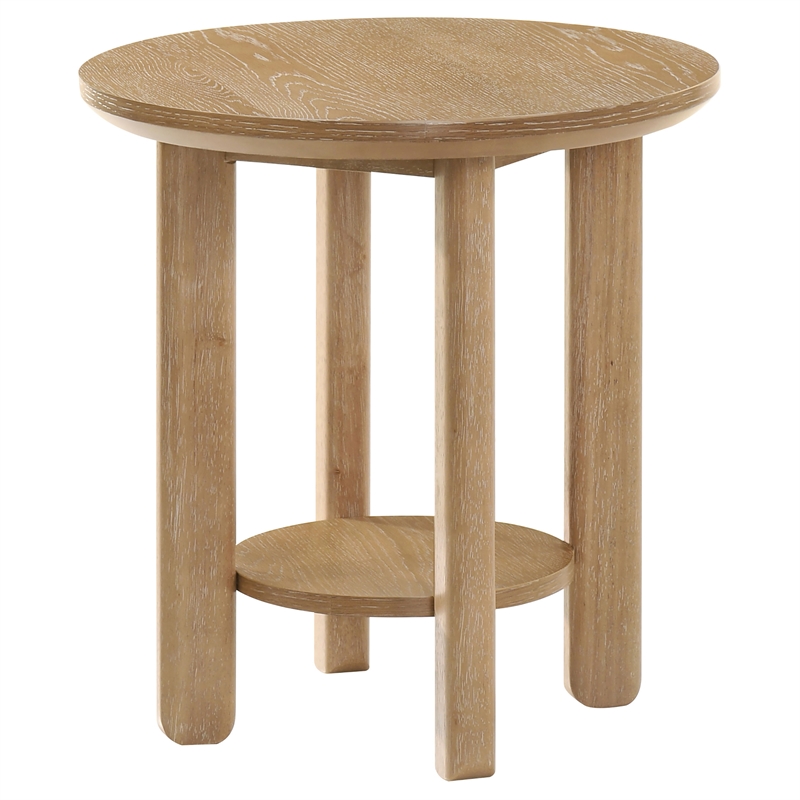 Pemberly Row Round Wood End Table with Lower Shelf in Washed Oak