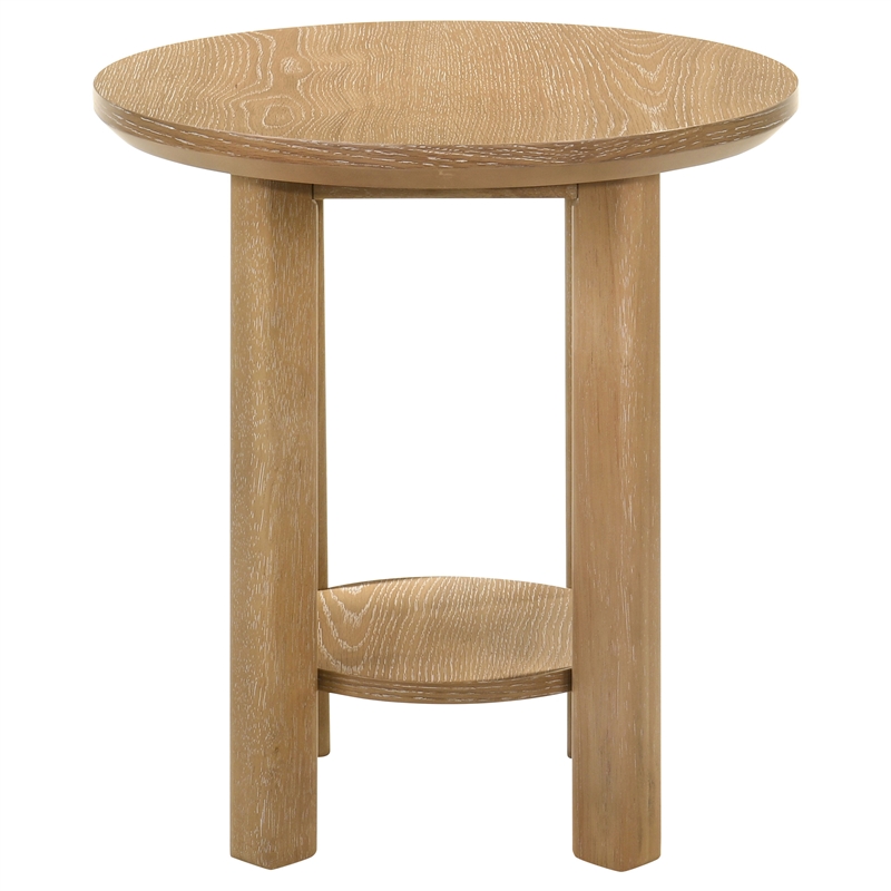 Pemberly Row Round Wood End Table with Lower Shelf in Washed Oak
