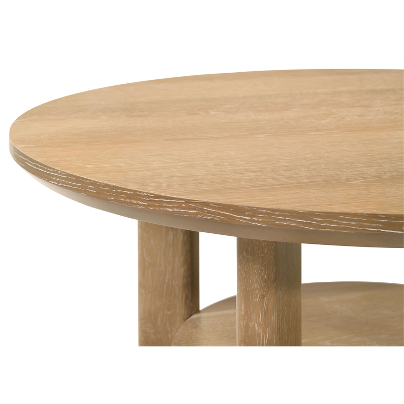 Pemberly Row Round Wood End Table with Lower Shelf in Washed Oak