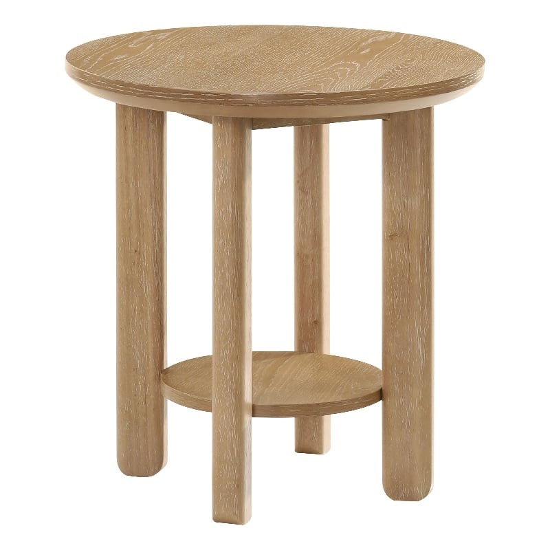 Pemberly Row Round Wood End Table with Lower Shelf in Washed Oak