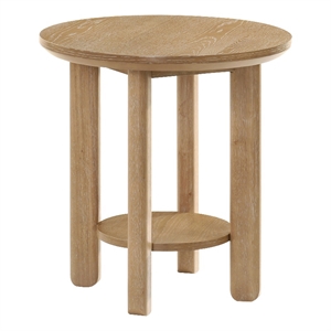 Pemberly Row Round Wood End Table with Lower Shelf in Washed Oak