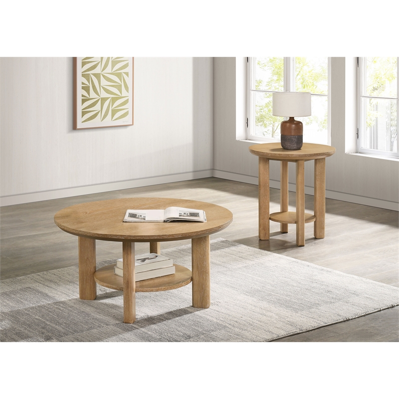 Pemberly Row 2-piece Round Transitional Wood Coffee Table Set in Washed Oak