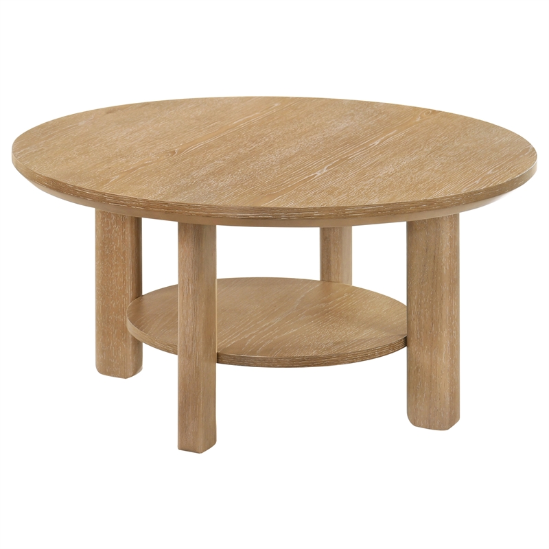 Pemberly Row 2-piece Round Transitional Wood Coffee Table Set in Washed Oak