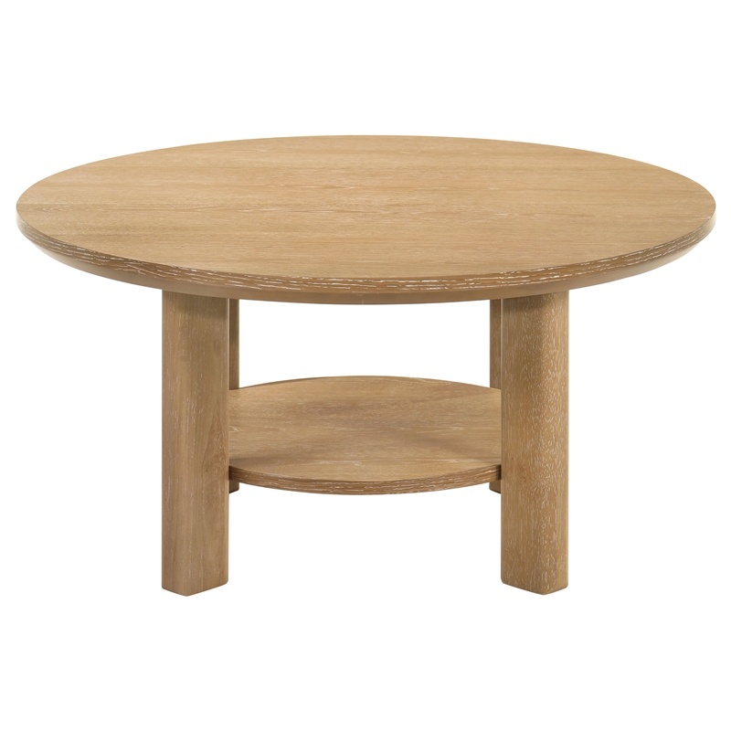 Pemberly Row 2-piece Round Transitional Wood Coffee Table Set in Washed Oak