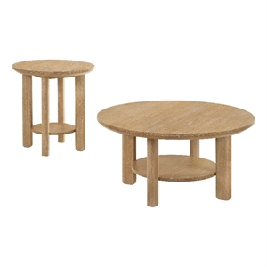 Pemberly Row 2-piece Round Transitional Wood Coffee Table Set in Washed Oak