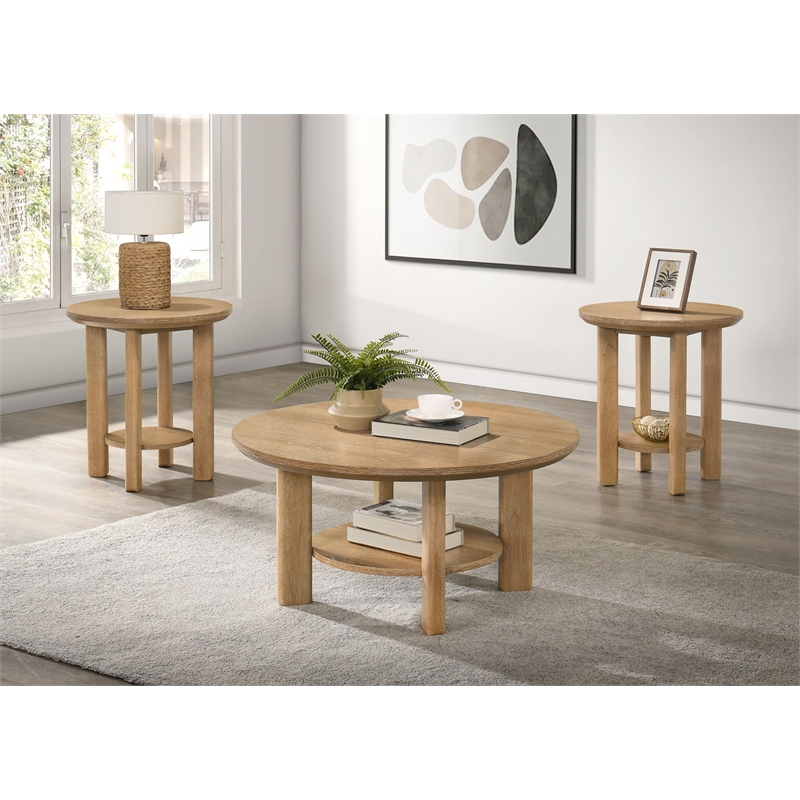 Pemberly Row 3-piece Round Transitional Wood Coffee Table Set in Washed Oak