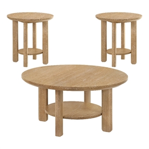 Pemberly Row 3-piece Round Transitional Wood Coffee Table Set in Washed Oak