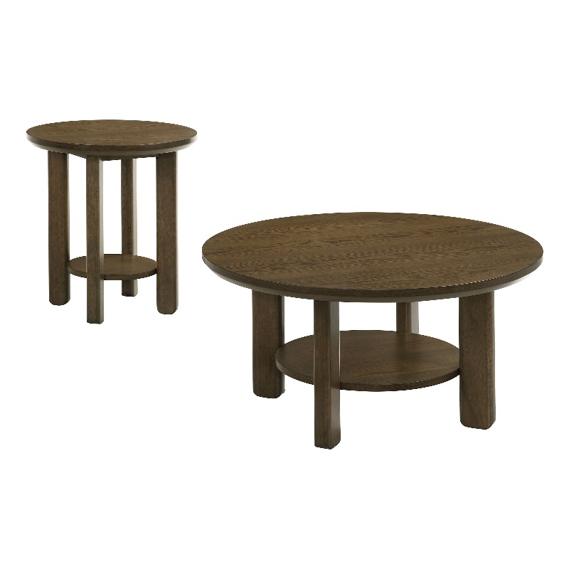 Pemberly Row 2-piece Round Transitional Wood Coffee Table Set in Brown