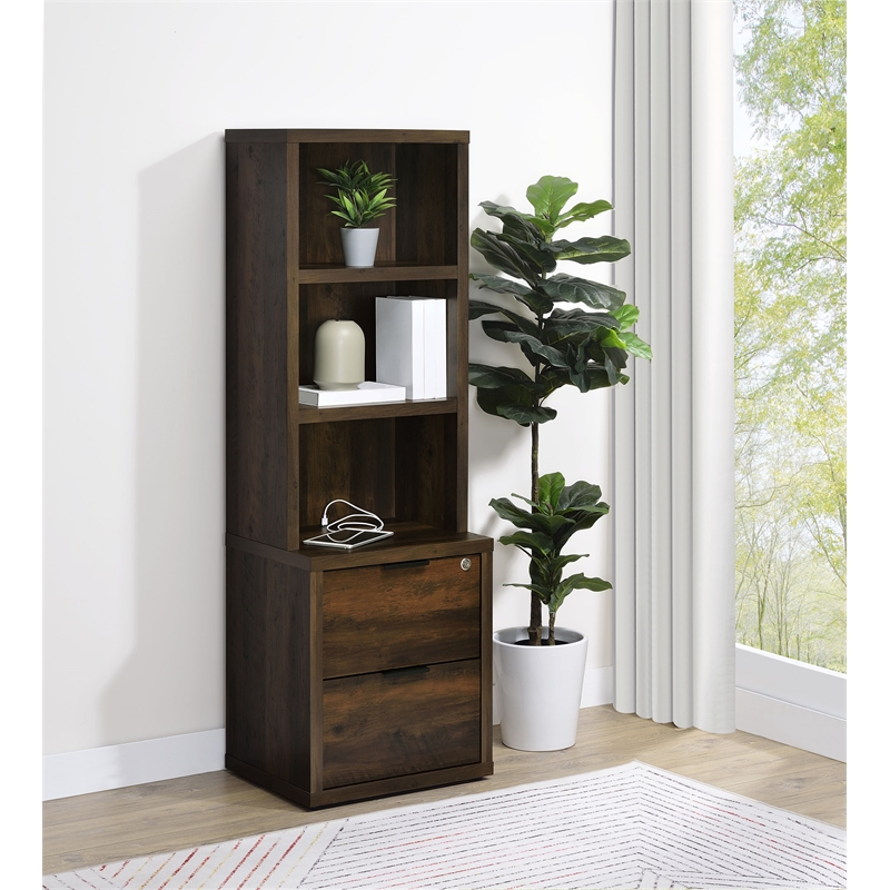 Pemberly Row 3-Shelf Bookcase with USB and Lockable Drawer in Dark Pine