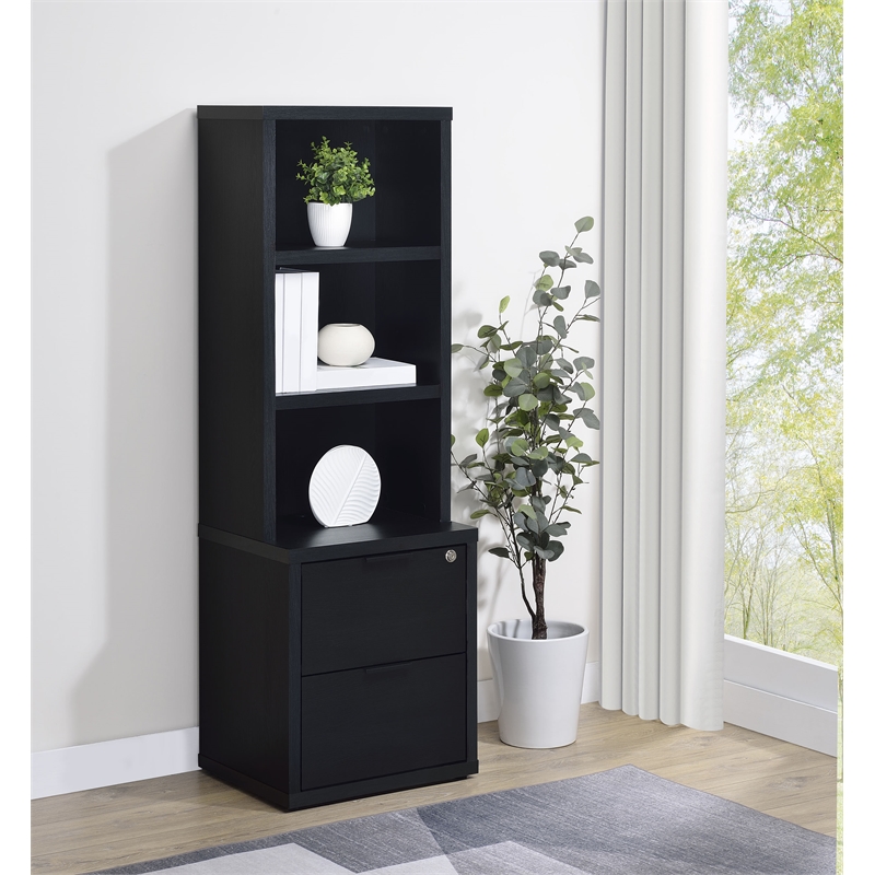 Pemberly Row 3-Shelf Bookcase with USB and Lockable Drawer in Black