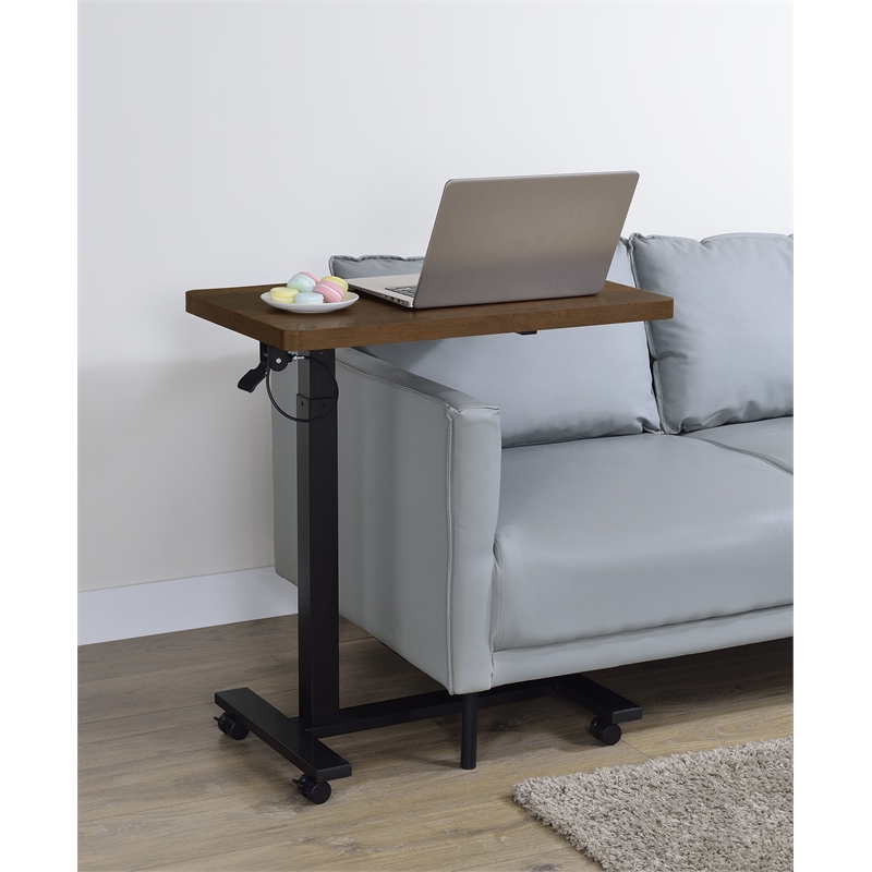 Pemberly Row Adjustable C-Shape Side Table with Casters in Dark Pine