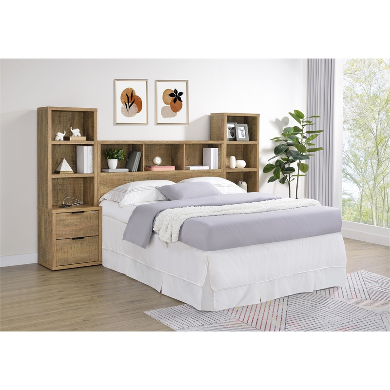 Pemberly Row 3-Piece Wood Queen Bedroom Set Bookcase Headboard in Brown