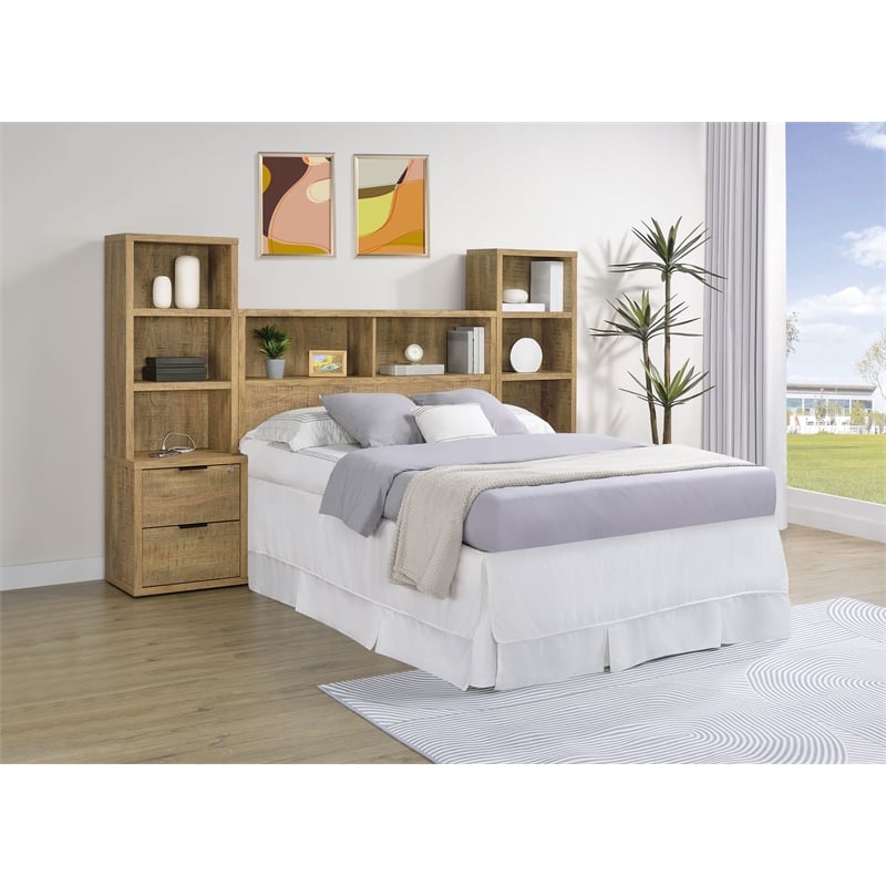 Pemberly Row 3-Piece Wood Full Bedroom Set Bookcase Headboard in Brown