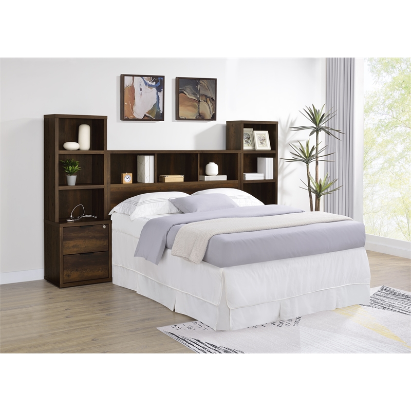 Pemberly Row 3-Piece Wood Queen Bedroom Set Bookcase Headboard in Dark Pine
