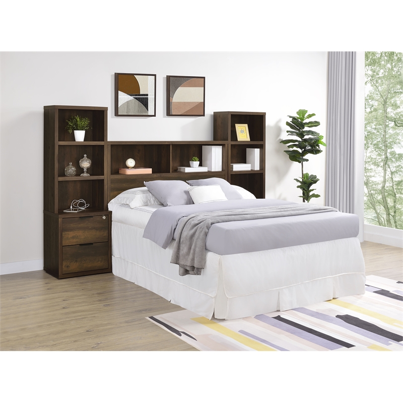 Pemberly Row 3-Piece Wood Full Bedroom Set Bookcase Headboard in Dark Pine