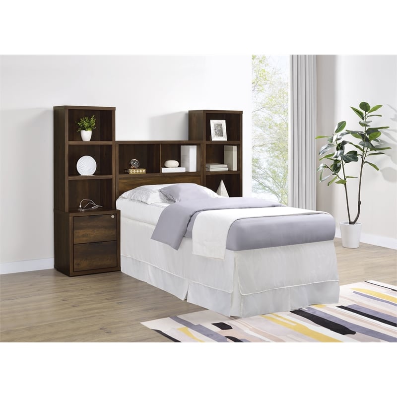 Pemberly Row 3-Piece Wood Twin Bedroom Set Bookcase Headboard in Dark Pine