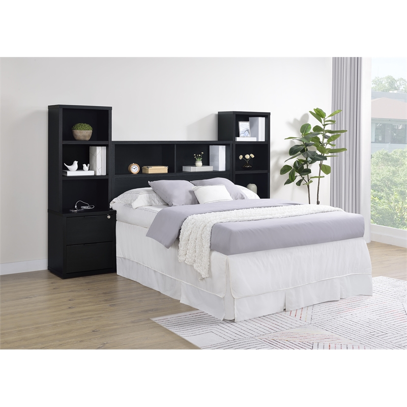 Pemberly Row 3-Piece Wood Full Bedroom Set Bookcase Headboard in Black
