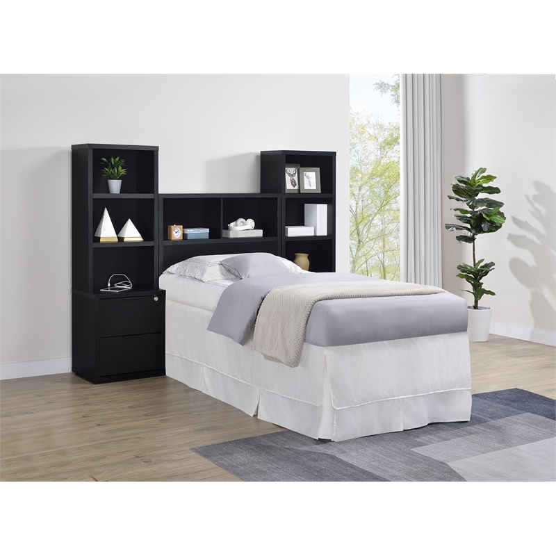 Pemberly Row 3-Piece Wood Twin Bedroom Set Bookcase Headboard in Black