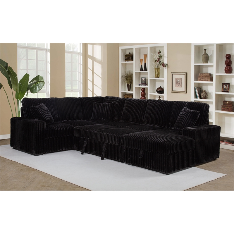 Pemberly Row Fabric Sleeper Sectional Sofa Storage Chaise in Black