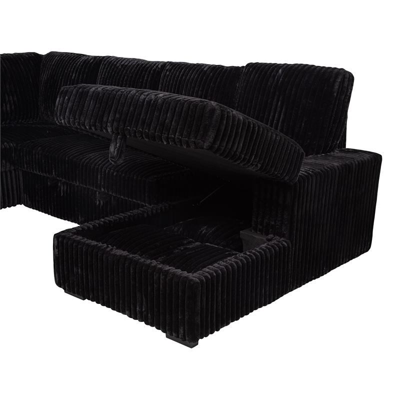 Pemberly Row Fabric Sleeper Sectional Sofa Storage Chaise in Black