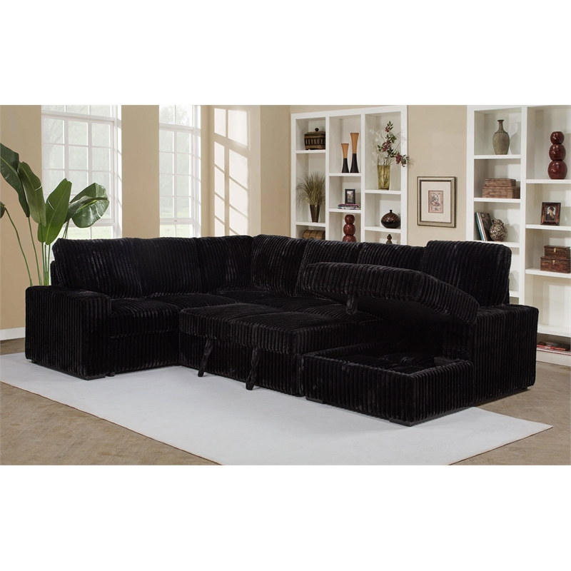 Pemberly Row Fabric Sleeper Sectional Sofa Storage Chaise in Black