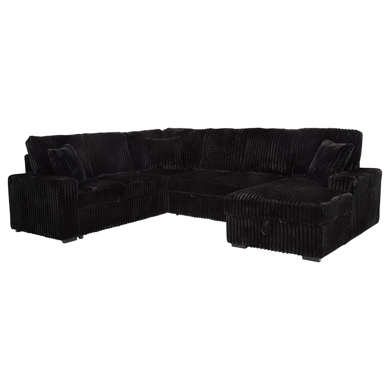 Pemberly Row Fabric Sleeper Sectional Sofa Storage Chaise in Black
