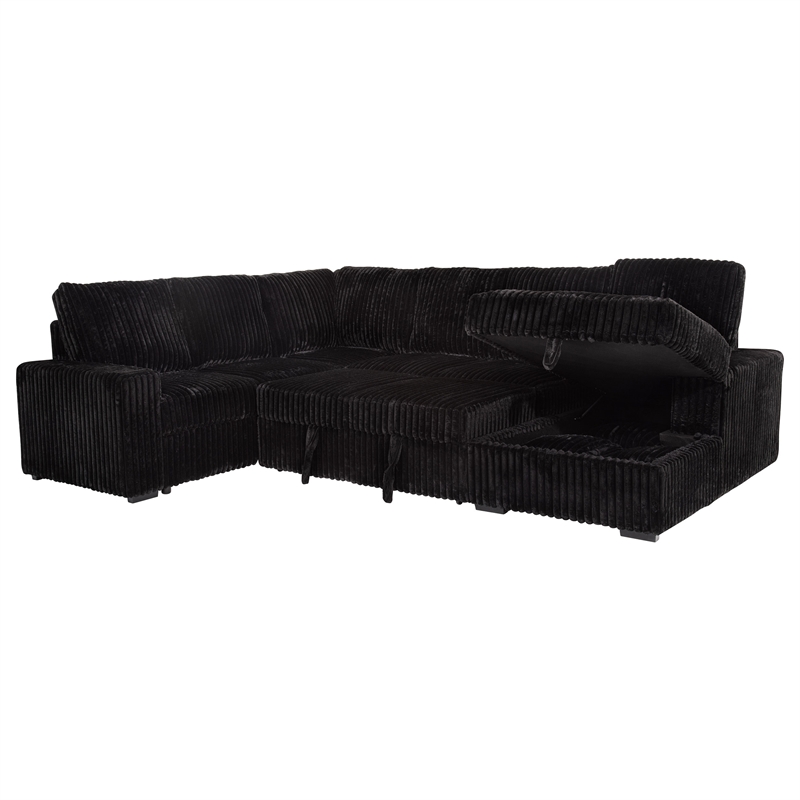Pemberly Row Fabric Sleeper Sectional Sofa Storage Chaise in Black