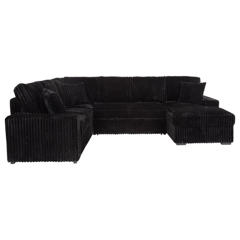 Pemberly Row Fabric Sleeper Sectional Sofa Storage Chaise in Black