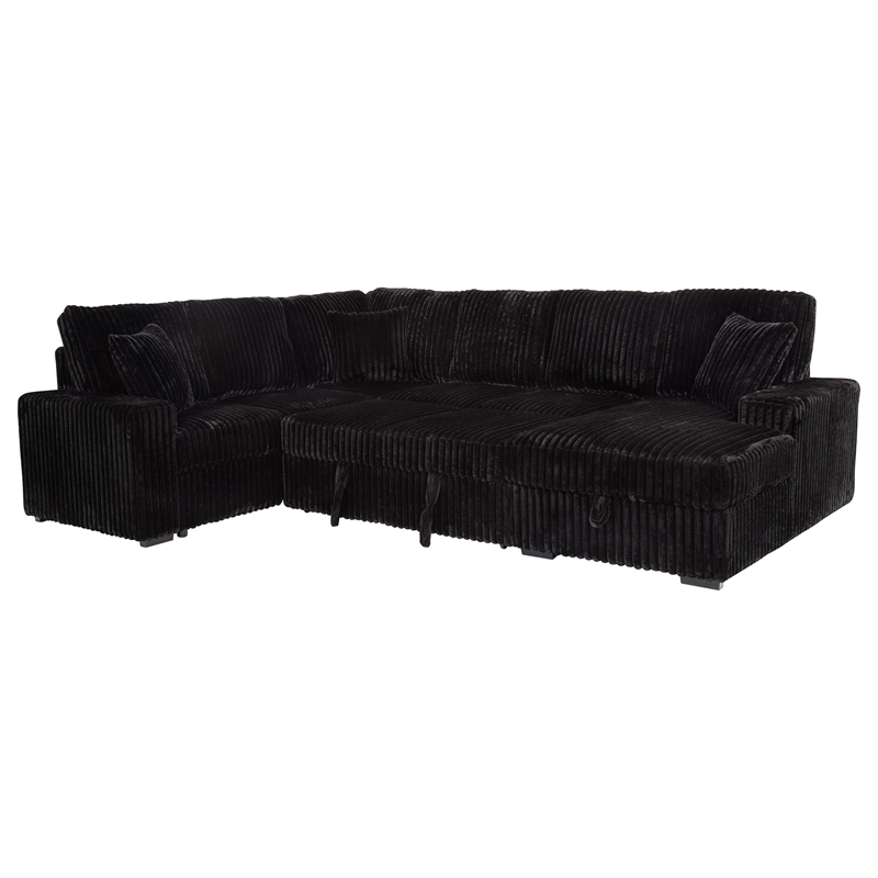 Pemberly Row Fabric Sleeper Sectional Sofa Storage Chaise in Black
