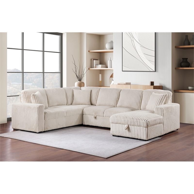 Pemberly Row Corduroy Sleeper Sectional Sofa with Storage Chaise in Camel