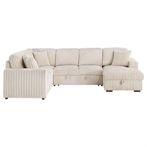 Pemberly Row Corduroy Sleeper Sectional Sofa with Storage Chaise in Camel
