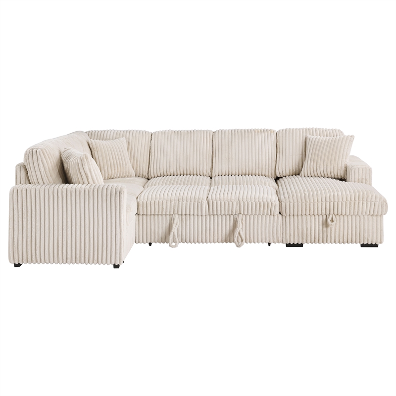 Pemberly Row Corduroy Sleeper Sectional Sofa with Storage Chaise in Camel