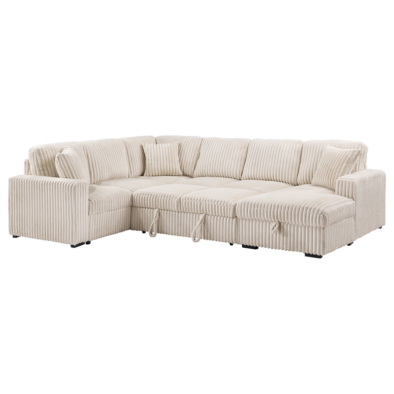 Pemberly Row Corduroy Sleeper Sectional Sofa with Storage Chaise in Camel