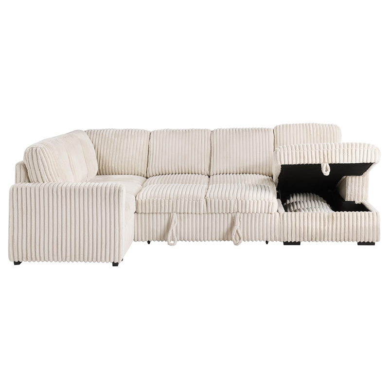 Pemberly Row Corduroy Sleeper Sectional Sofa with Storage Chaise in Camel