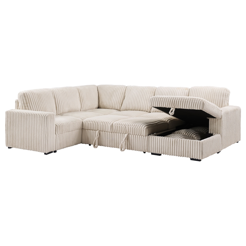 Pemberly Row Corduroy Sleeper Sectional Sofa with Storage Chaise in Camel